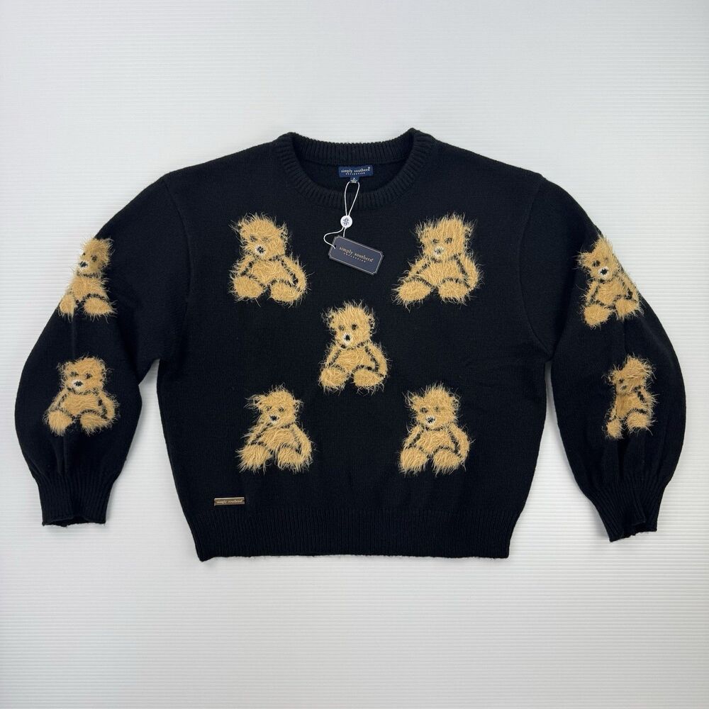 Simply Southern Teddy Bear Sweater Womens Large Black Fuzzy Pullover NWT - Picture 2 of 9
